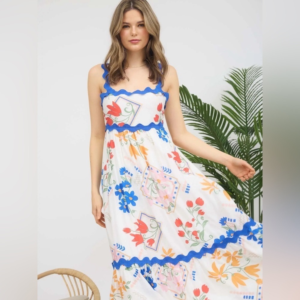 187 - Floral White Dress with Blue Accents